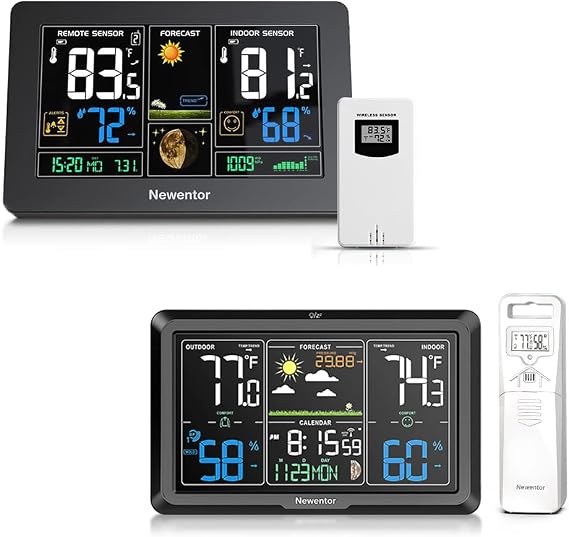 Newentor Weather Station Wireless Indoor Outdoor, Digital Thermometer with Atomic Clock, Calendar and Adjustable Backlight (Model Q3 and Q7)