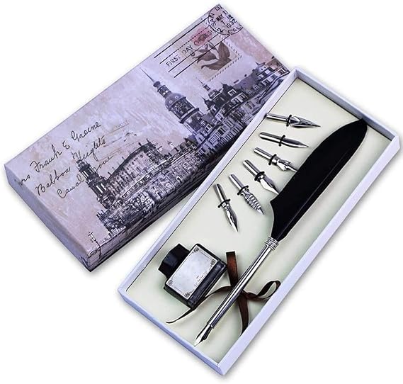 Calligraphy Pen Set- Feather Quill Pen Set Antique Dip Feather Pen Calligraphy Writing with 6 PCS Nibs and Ink (RED) (Black)