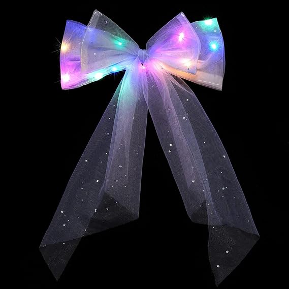 JEAIRTS Light Up Hair Bow Glowing Led Rainbow Tulle Veil for Women