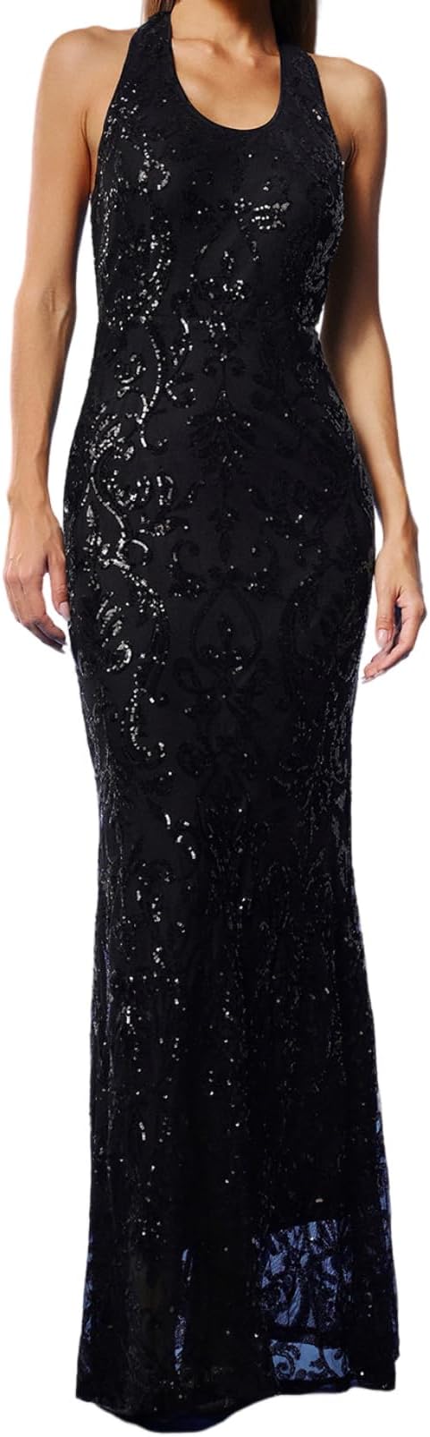 BELLA BARNETT Black Halter Neck Mermaid Hem Maxi Evening Sequin Dress Sleeveless Backless Versatile Lace Dress for Party