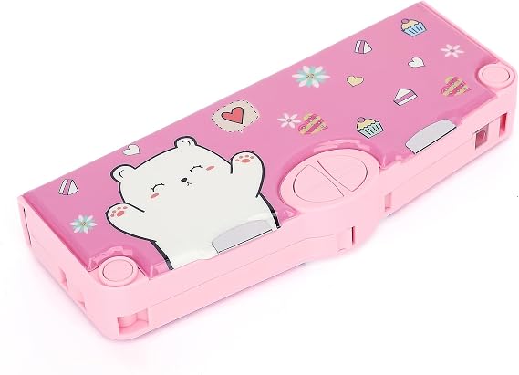 Multifunction Pencil Case for Kids Boys Girls, Cute Cartoon Pop Up Pencil Box with Sharpener, Scissors, School Supplies (Bear Pink)