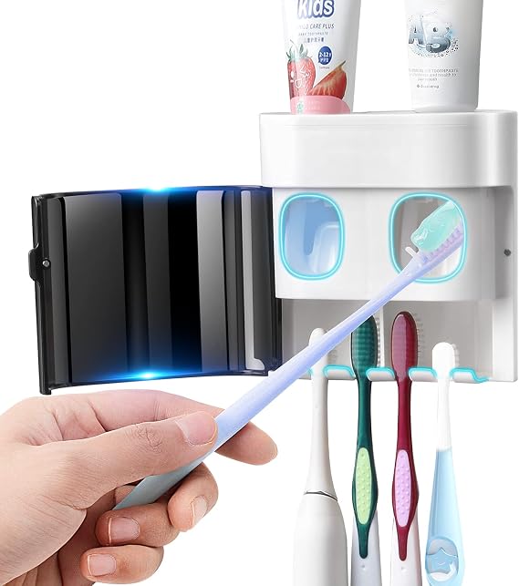 GFWARE Toothbrush Holder Toothpaste Dispenser Wall Mounted with Cover, 4 Slots Tooth Brush Storage Organizer with Automatic Kids Toothpaste Squeezers for Shower Bathroom Black | Automatic Toothpaste dispenser for Kids, Bathroom Storage Organizer with Dust Cover, Self Adhesive, Black