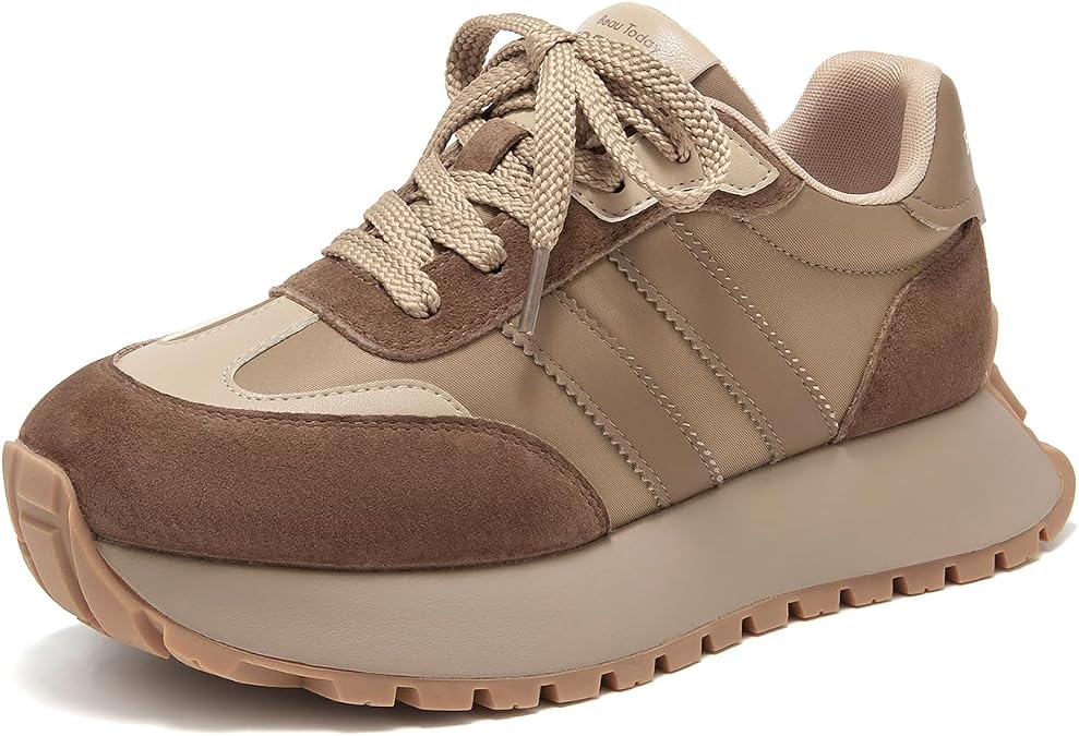 BEAU TODAY Fashion Sneakers for Women, Casual Walking Sneakers for Women, Genuine Leather Chunky Platform Retro Sneakers, Comfortable Non-Slip Tennis Running Shoes