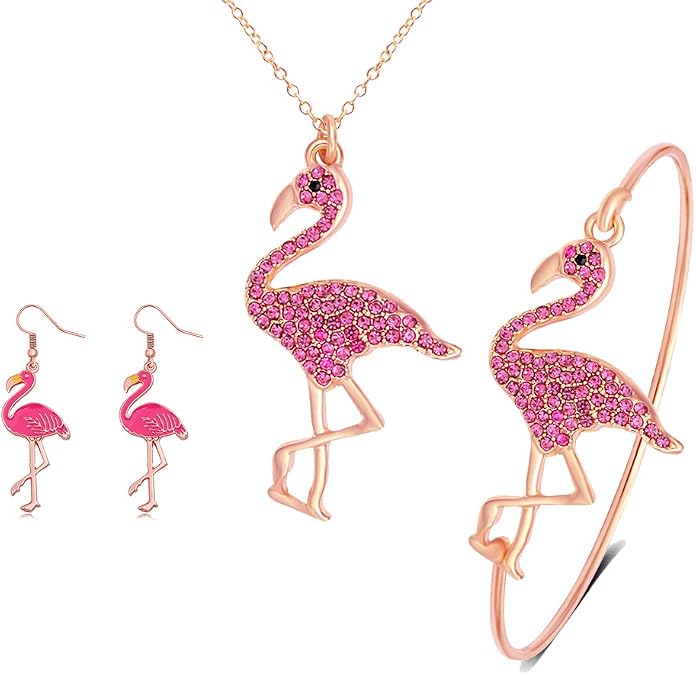Pink Flamingo Bird Bracelet/Pendant Necklace/Dangle Earrings Jewelry Set for Women (Necklace + Bracelet + Earrings, rose-gold-plated-base)