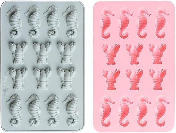 HiParty 2Pcs Seahorse & Lobster Chocolate Candy Molds, Under the Sea Silicone Mold for Fat Bomb Fondant Cake Decorating Mini Soap Crayon Melt Ice Cube Tray
