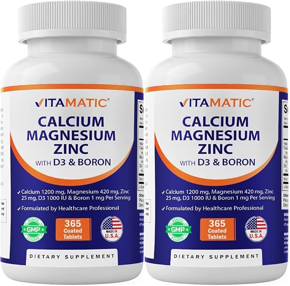 Vitamatic Calcium Magnesium Zinc D3 Boron | 365 Coated Tablets Supplement | Calcium 1200 mg, Magnesium 420mg, Zinc 25mg, Vitamin D3 1000 IU, Boron 1 mg | Non-GMO | Gluten Free | Made in USA-2 Pack