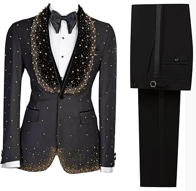 Mens 3 Piece Suit Slim Fit Tuxedo Jacket Blazer Pants with Shiny Rhinestone Decoration for Prom,Party,Wedding