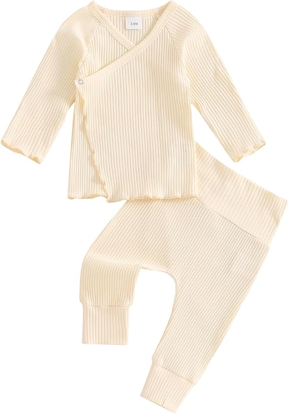 GOOCHEER 2Pcs Newborn Baby Girl Coming Home Outfit Mitten Cuffs Solid Knitted Long Sleeve T-Shirt Tops Pans Set Fall Clothes