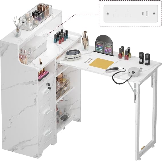 Foldable Nail Desk for Nail Tech, L Shape Manicure Table, Portable Professional Nail Table with Lockable Drawer & Shelves, Nail Tech Workstation for Home Salon (Marble)