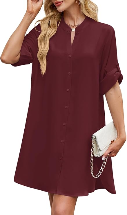 PerZeal Womens Sexy V Neck Button Down Shirt Dresses Summer Short Sleeve Casual Loose Blouses & Button-Down Shifts Cover Ups