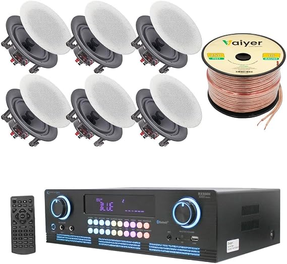Home Theater System Kit 2000 Watts Bluetooth Amplifier with 6 Qty 5.25" 175 Watts in-Wall in-Ceiling Frameless Speakers & 16 Gauge 250 ft. Speaker Wire by Technical Pro
