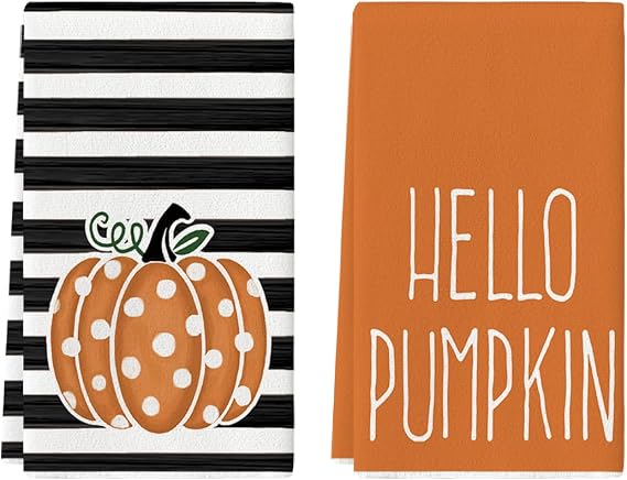 Artoid Mode Orange Pumpkin Stripes Fall Kitchen Towels Set of 2 18x26 Inch