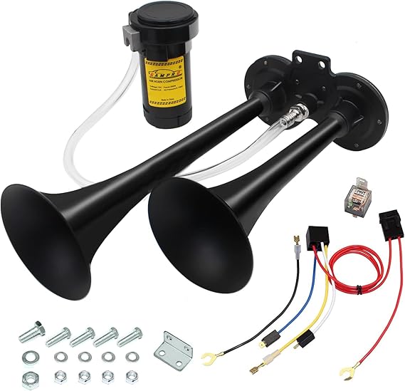 GAMPRO 150db 12V Air Horn, Chrome Zinc Dual Trumpet with Compressor for Any 12V Vehicles (Black)