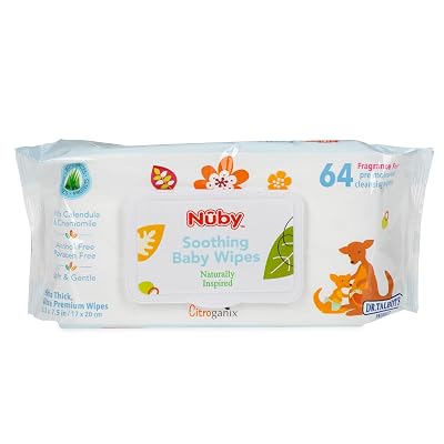 Nuby Soothing Baby Wipes Naturally Inspired with Chamomile Aloe and Citroganix Fragrance FreeExtra Thick, Unscented, 64 Count