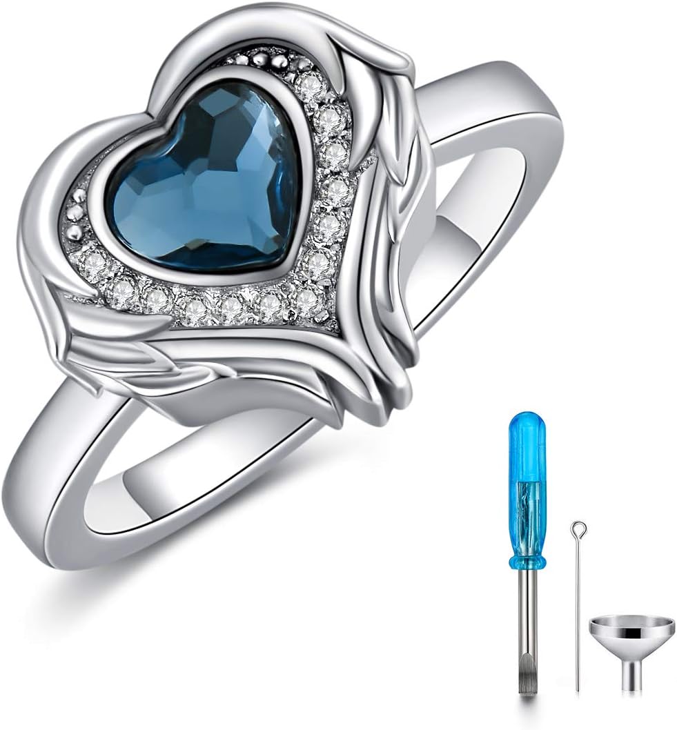 AOBOCO 925 Sterling Silver Angel Wings Heart Cremation Ring Holds Loved Ones Ashes, Heart Urn Ring for Ashes for Women, Memorial Keepsake Ring Embellished with Crystals from Austria