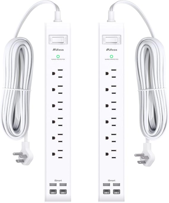 2 Pack Power Strip, 12FT Long Extension Cord, Surge Protector with 6 Outlets and 4 USB Charging Ports(2 USB C), Flat Plug Overload Protection, Wall Mount for Home Office Dorm College