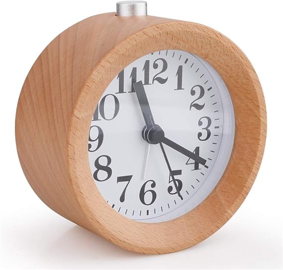Handmade Classic Small Round Wood Silent Light Desk Alarm Clock with Desk Lamp for Home