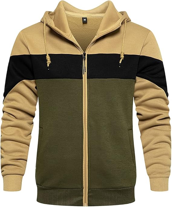 Wowcarbazole Men's Full Zip Hoodie Long Sleeve Color Block Hooded Sweatshirt Casual Fleece Jackets
