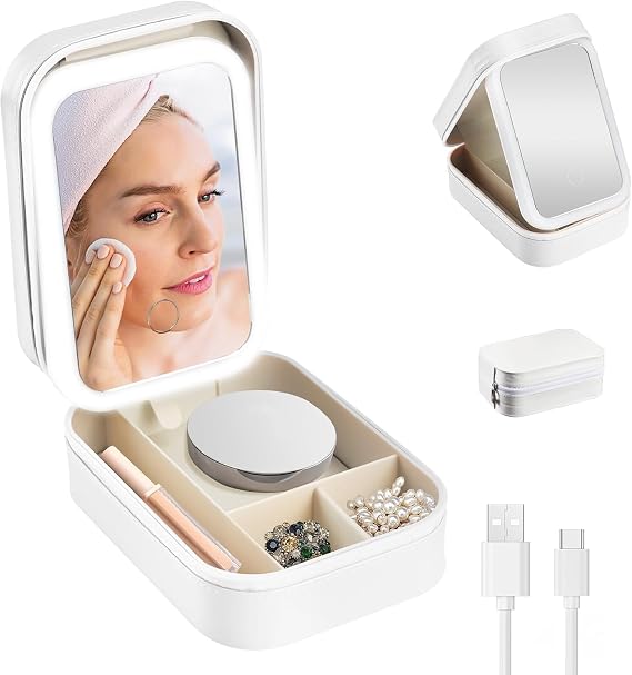 Qivine Makeup Box with Mirror and Lights, Portable Makeup Box with Led Mirror, Cosmetic Case with Led Mirror, Makeup Travel Case, Portable Makeup Mirror with Light for Women Beauty Tools (White)