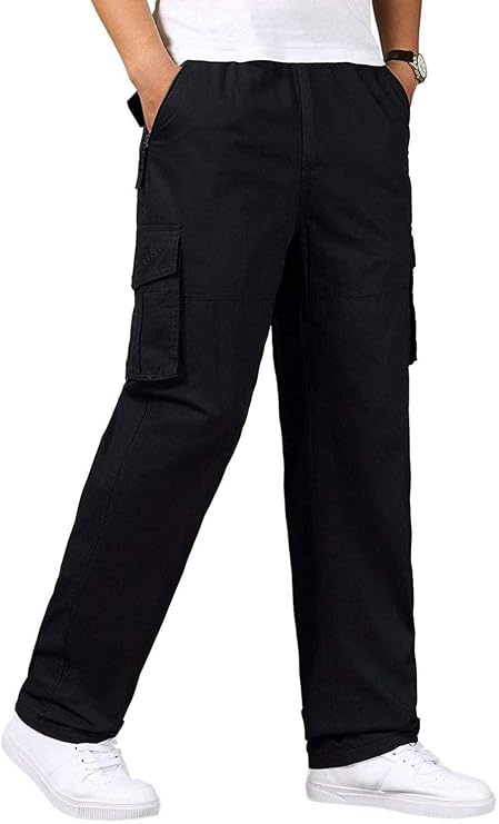 Mens Elastic Waist Straight Multi Pockets Cargo Pants With Drawstring