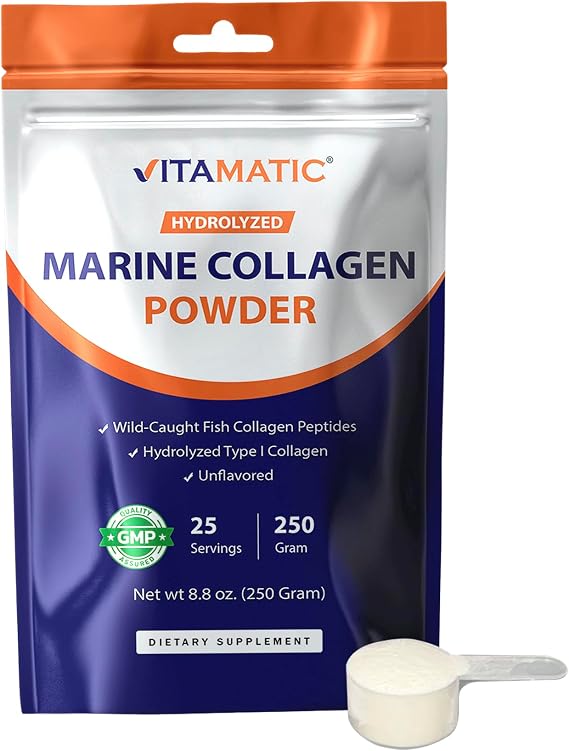 Vitamatic Hydrolyzed Marine Collagen Powder 250g (8.8 oz) Wild-Caught Fish Collagen Peptides Type I Collagen Unflavored Protein Powder 10g per Serving