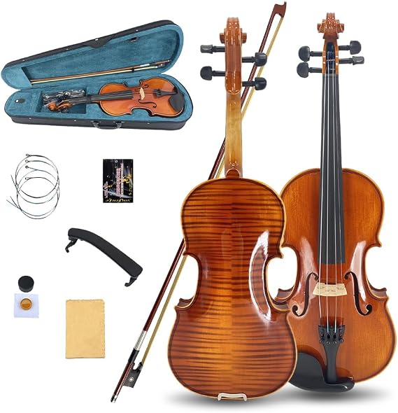 Acoustic Violin 4/4 Full Size for Beginners Students Adults 4 String Violin kit with Ebony Fittings Solid Wood Handmade (4/4 full size)