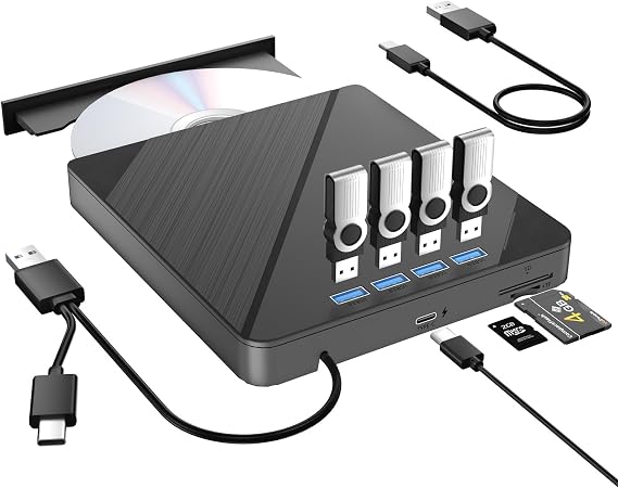 7 IN1External CD/DVD Drive for Laptop, CD Burner CD/DVD +/-RW Optical Drive, Slim Portable DVD CD ROM Rewriter Writer Duplicator for Laptop Desktop PC Windows 11/10/8/7 MacBook Mac Linux OS
