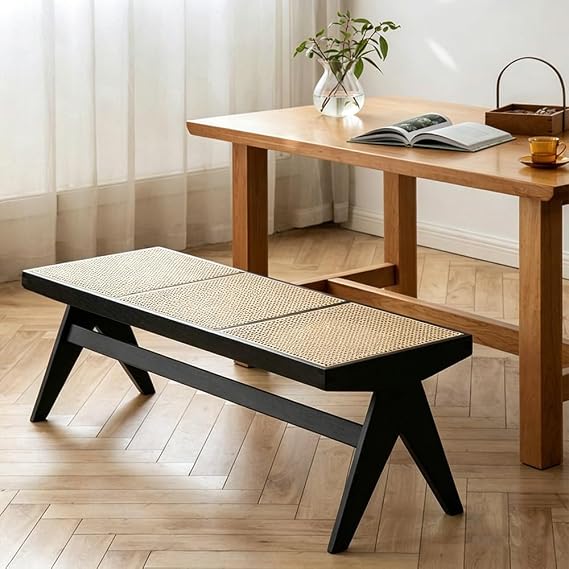 Farmhouse Bench Solid Wood Entryway Bench with Breathable Rattan Seat, 17.7" Spacious Seating Area, Sturdy & Easy to Install Rustic Bench for Hallway, Dining(Black,50.4x17.7x17.7inch)