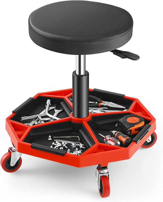 Adjustable Mechanic Rolling Stool, Pneumatic Rolling Stool with Wheels, Tool Storage Tray & Padded Seat Cushion, Garage Stool Chairs Creeper Seat (Red)