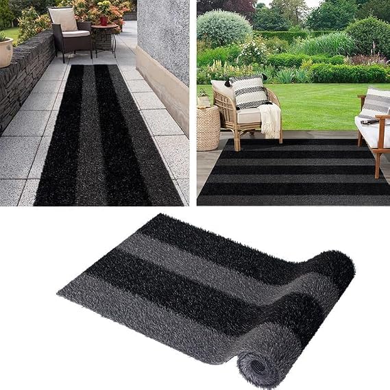 LITA Artificial Grass Outdoor Rug Artificial Turf Customized 7 x 8 Feet, Black-Gray Zebra Stripe Fake Grass, 0.8" Pile Height Astroturf Carpet Mat for Patio Balcony Pool Deck Playground Tennis