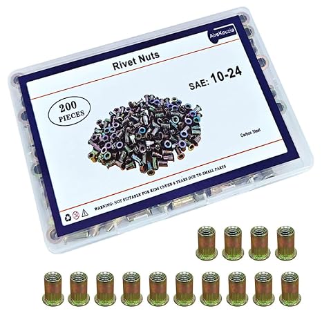 SAE 10-24 Rivet Nut Kit - 200Pcs RIV Nuts Carbon Steel Flat Head Rivnut Threaded Insert for Metal and Wood, Knurled Body Rivnuts Set