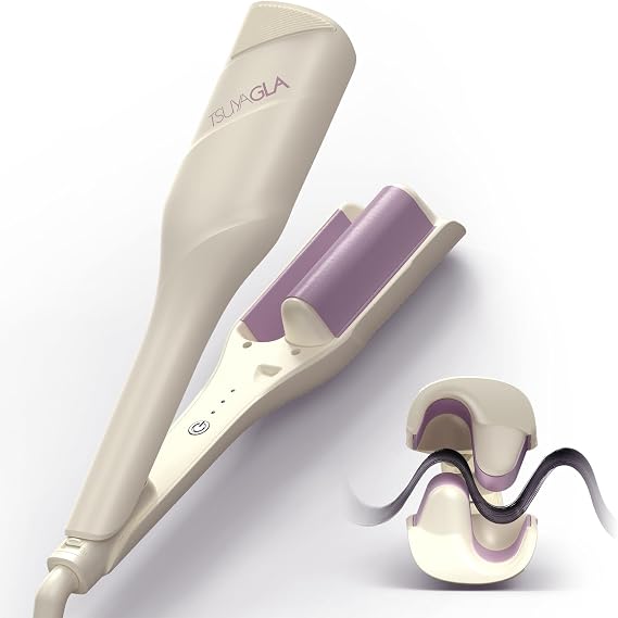 Hair Waver Crimper - TSUYAGLA 1.42 Inch Beach Waves Curling Wand, 2 Barrel Ionic Deep Waver Hair Curler Tool for Women, Anti-Scald Protection, Fast Heating, Dual Voltage, White
