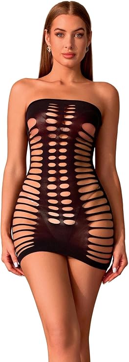 Womens Fishnet Mesh Minidress Cut-out Dress Chemise Babydoll Bodysuit Sexy Breasted Skirt Clubwear