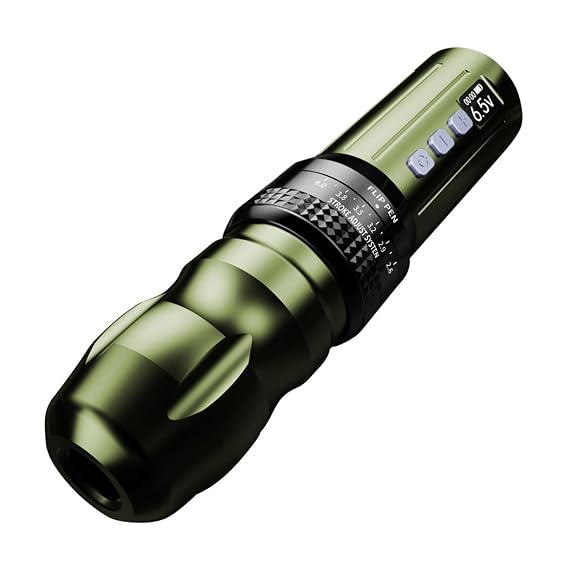 BIGWASP Z1 Wireless Rotary Tattoo Cartridge Machine Pen 2,000mAh Battery Power Tattoo Gun Coreless Swiss Motor with Adjustable 6 Strokes 2.6mm ~ 4.0mm for Professional Tattoo Supply (Army Green)