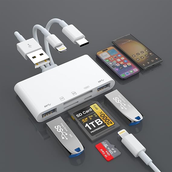 5in1 iPhone SD Card Reader 2025 MFi Certified, Lightning/Type C/USB 3.0 Memory Card Reader USB/SD/microSD Conversion Adapter OTG Function No Setup Required Simultaneous Reading