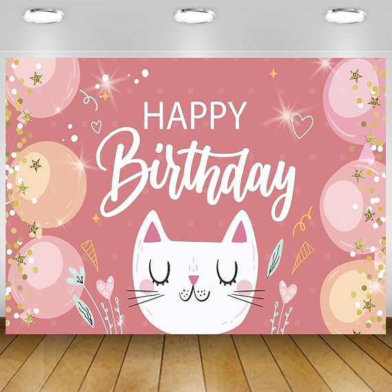 Cartoon Happy Cat Birthday Banner 5x3Ft
