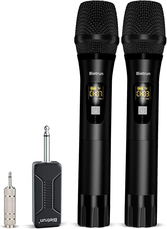 Wireless Microphone, Bietrun UHF Metal Dual Handheld Cordless Dynamic Mic System with Rechargeable Receiver, 1/4Output, for Karaoke, Church, Speech, Wedding, Party Singing(160 ft Range)-Auto Connect