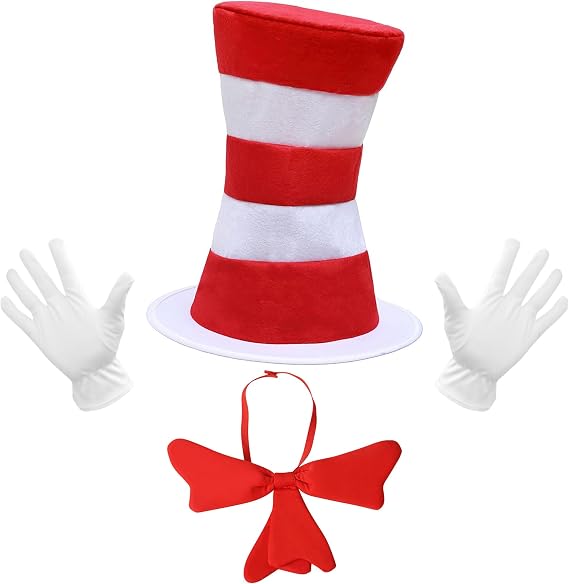 Vencede Top Hat Cat Costume Kit Accessory for Adults Red And White Striped Stovepipe Hat Gloves Bow Tie for Halloween Props