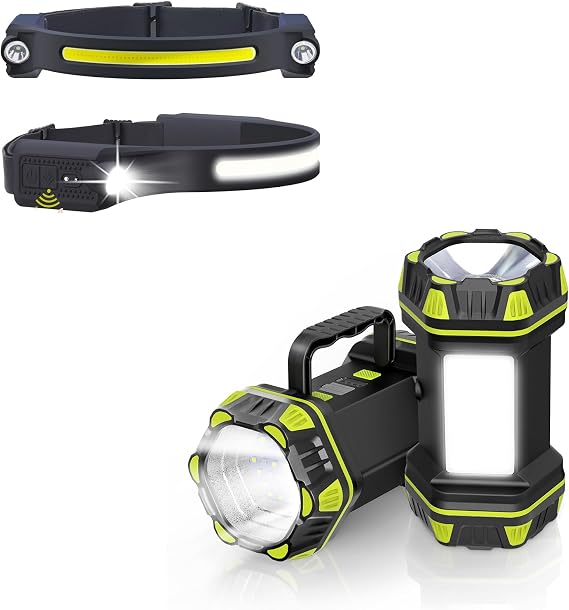 AlpsWolf 2Pcs LED Headlamp Rechargeable with 2Pcs Camping Flashlights Rechargeable
