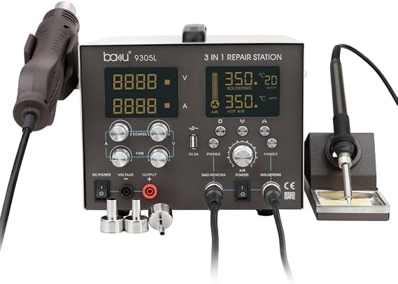 BAKU Digital Soldering Station - Professional 4 in 1 Solder Iron & SMD Hot Air Gun Rework Station & Variable DC Power Supply 30V 5A(BA-9305L)