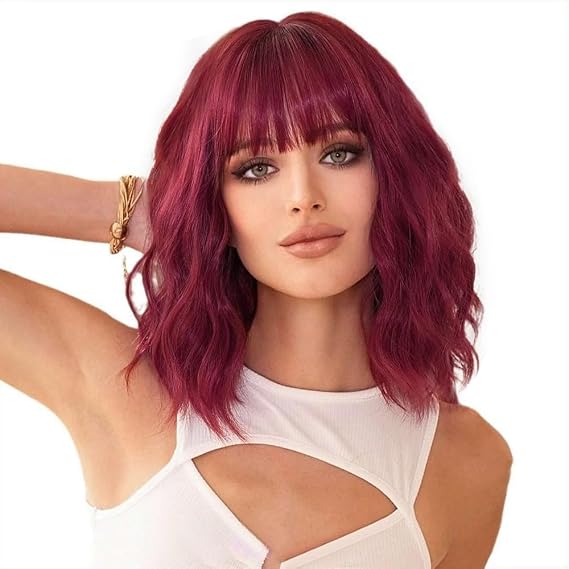 Ucubb Wine Red Wig for Black Women Short Wavy Curly Bob Wig with Bangs