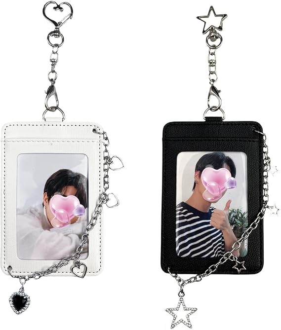 K-pop Photocard Holder Keychain with Metal Chain 2 pcs Hard Protective Card Case with Heart & Star Clip Keychain, Decorative Charms for Toploader or Badge Black and White