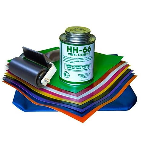 Vinyl Repair Kit w/Glue & Patches for Inflatables, (9) Colors | Includes Red, Orange, Yellow, Green, Blue, Purple, Pink, Black, White, 8" x 8" Patches, 4oz HH-66 Cement Glue, Seam Roller