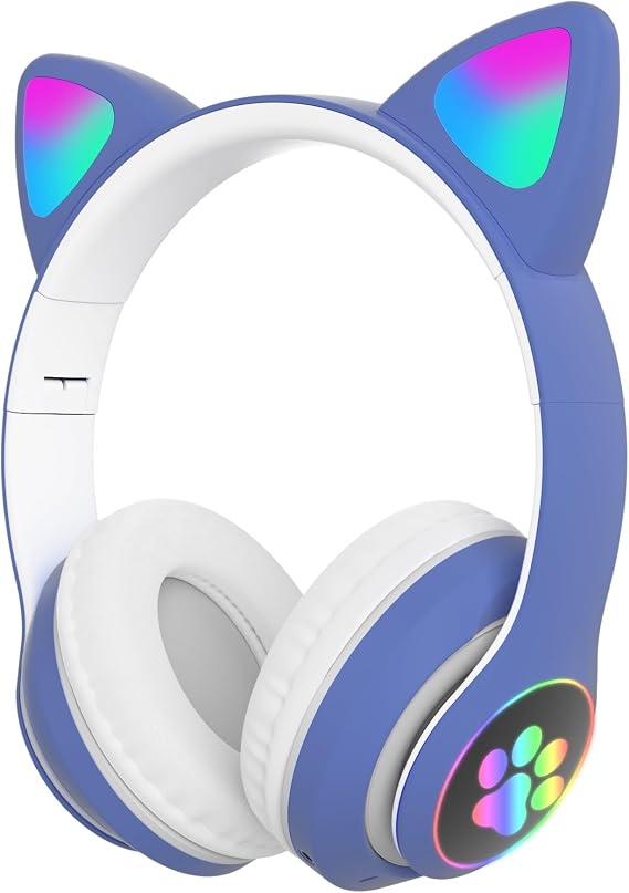 Kedili Kablosuz Bluetooth Kulaklık Led Işıklı Mikrofonlu Raydolu Fm Çocuk Kulaklığı, Kulak Üstü Sevimli Kedi Kulaklık LED Işıklı Katlanabilir Kablosuz Kulaklık Okul/Tablet/PC/Telefon (Mavi)