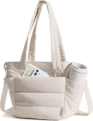 BAGSMART Lunch Bag Women Small Insulated Tote with Lunch Compartment Quilted Lightweight Puffy Tote Bag for Work, Travel, Outdoor, Beige