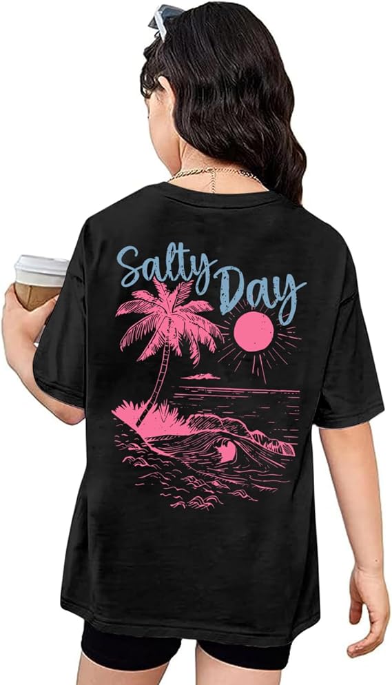 Wrenpies Girls Hawaiian Shirt Beach Preppy Graphic Tees Hawaii Sunshine Tshirt Kids Salty Day Shirts Summer Vacation Tops