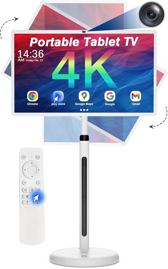 32 in 4K Portable Smart TV, Rolling TV on Wheels,Android 13 OS,Built-in (5-8H) Battery, Rolling Tablet TV with 4K Camera,Full Swivel Rotation, Voice Remote Control