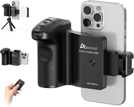 AMAZEAR Shutter Grip for iPhone 17 Pro Max/Android Mobile Phones, DSLR Camera Style Cellphone Photography Handle with Bluetooth Remote for Samsung Galaxy S26 Ultra, for Google Pixel, Compatible iOS26