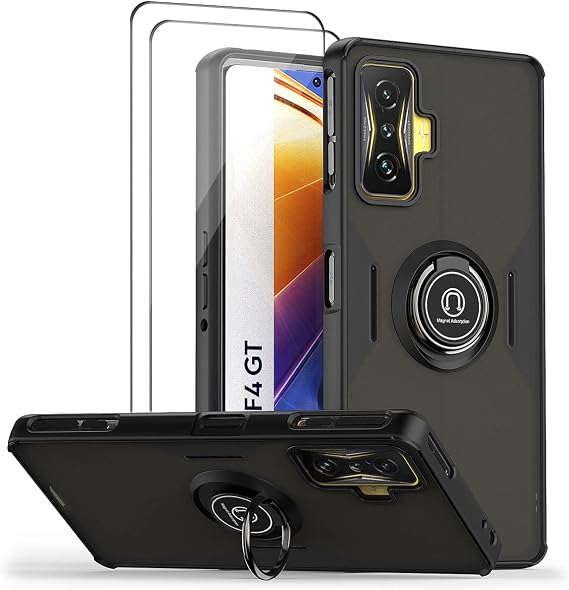 QUIETIP Case for Xiaomi Poco F4 GT & Redmi K50 Gaming,TPU + Hard PC Shockproof Magnetic Ring Car Mount Holder Bumper Cover with 2 Pack Tempered Glass Screen Protector,Black