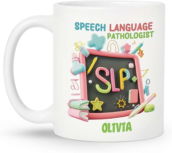 Colorful SLP Themed Coffee Mug, Personalized Name SLP Student White Cup, Customized Speech Language Pathologist Mug, Cup Gift For Him Her, Custom Speech Therapist Ceramic Mug 11oz